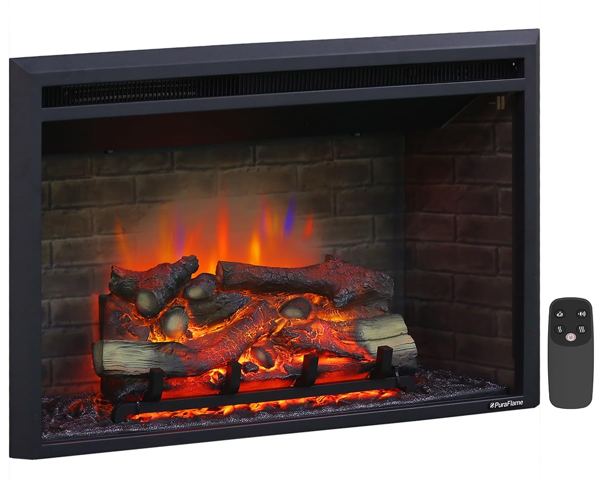 PuraFlame Western Electric Fireplace Insert with Fire Crackling Sound, Remote Control, 750/1500W, Black, 33 5/64 Inches Wide, 21 Inches High