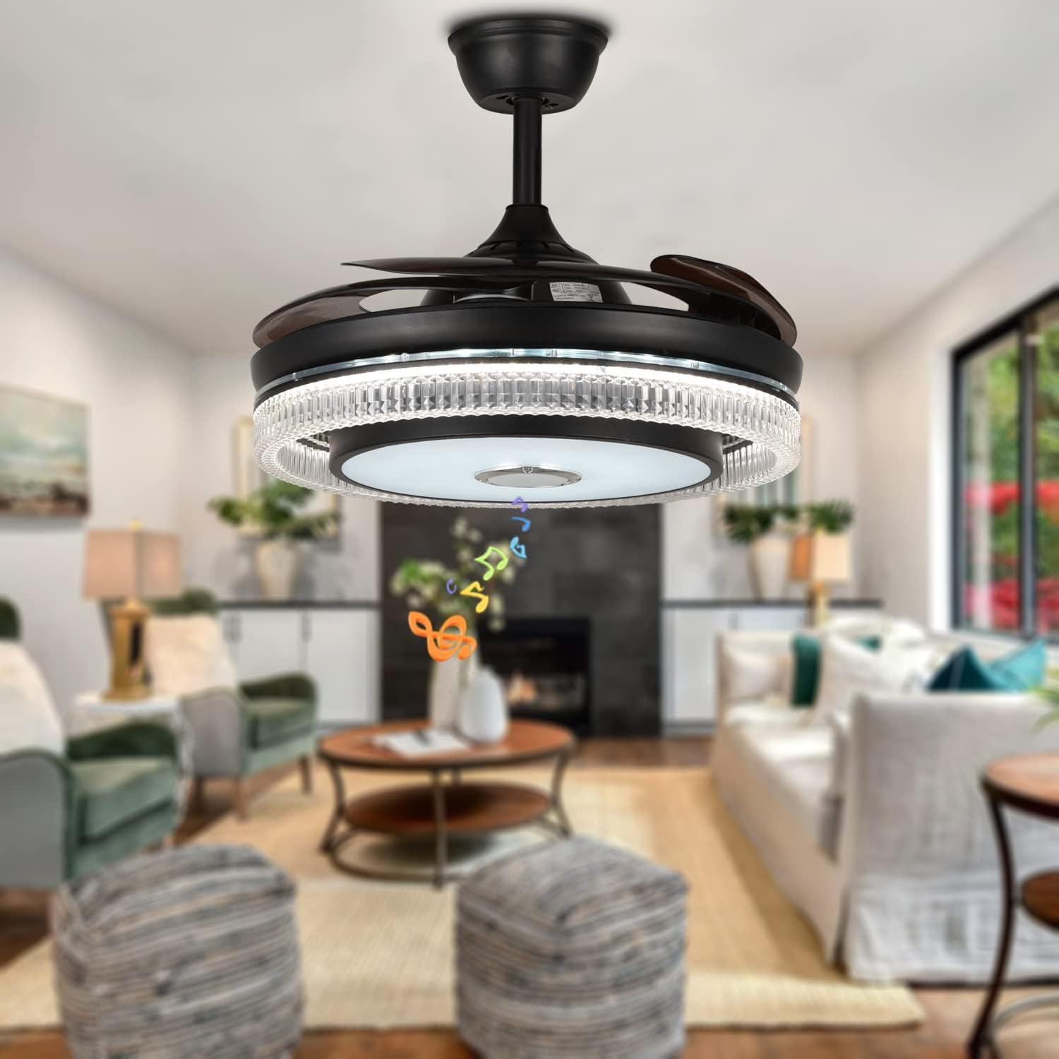 Fandian 42” Smart Ceiling Fan with Lights Bluetooth Speaker Chandelier, Modern Black Fandeliers with APP RGB Dimmable Colors, Reversible 6-Speed Lighting Fixtures for Living Bedroom