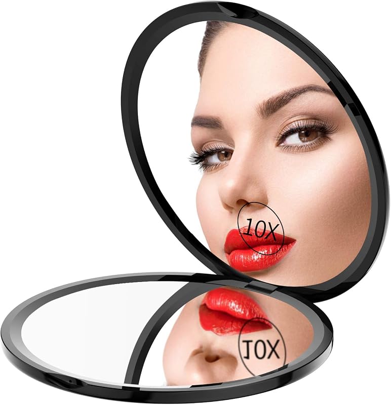 Gospire Espejo de maquillaje ultrafino de bolsillo 1X/10X de 4 pulgadas para viajes | Lupa de doble cara, adecuado para bolso compacto portátil, espejo cosmético plegable redondo de mano para mujeres (negro)
