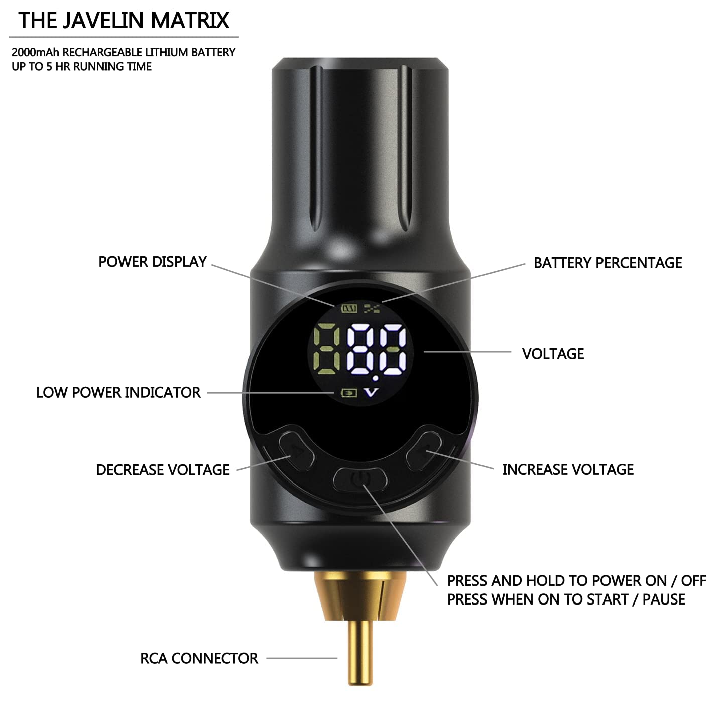 Javelin Matrix Portable Tattoo Machine Power Supply Wireless RCA Rechargeable Battery