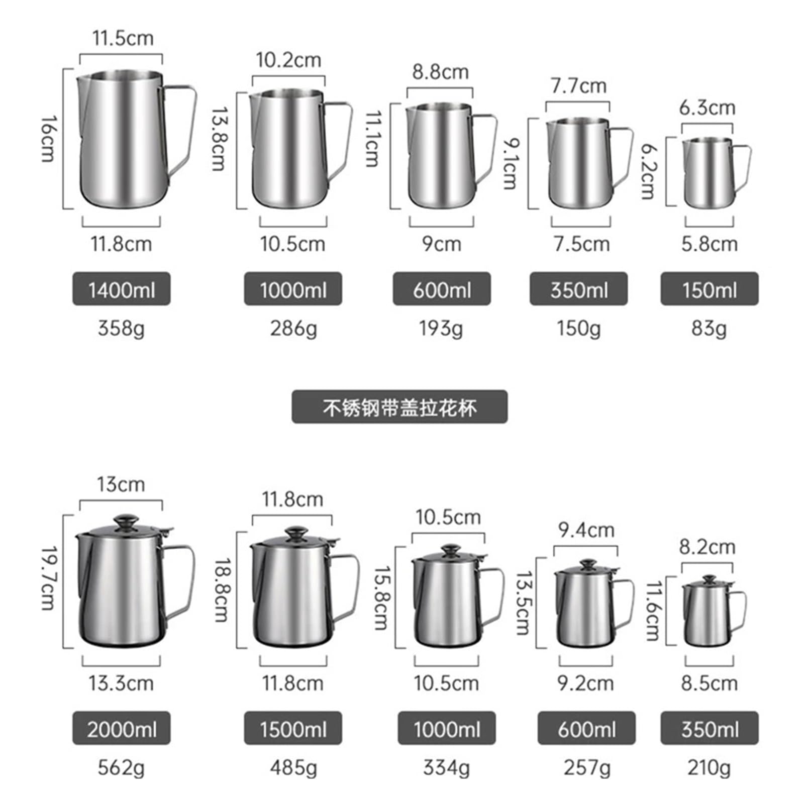 Taza de café Latte Art, jarra, Espumador leche, Barista acero con tapa, máquina graduado(350ml,No lid)
