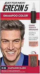 Grecinn 5 Shampoo Color Castanho Claro H-25, Com Queratina e Azeite de Oliva, Sem Amônia, Cobertura Natural de Grisalhos em 5 Minutos