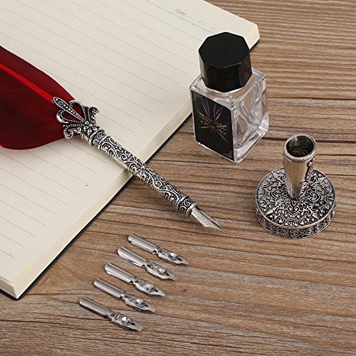 Eboxer 2 Colors Calligraphy Feather Pen Set Vintage Quill Pen With Refined Plated Rod, Feather Pen For Writing Signature, As A Gift For People Holiday/Party/Wedding/Home Decoration (Red) #TOP1