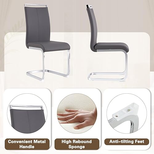 Miniatura 7 de Juego de mesa de comedor de cristal para 4, mesa rectangular con 4 sillas de cocina de cuero gris, juego de comedor de cocina de 51 pulgadas, mesa