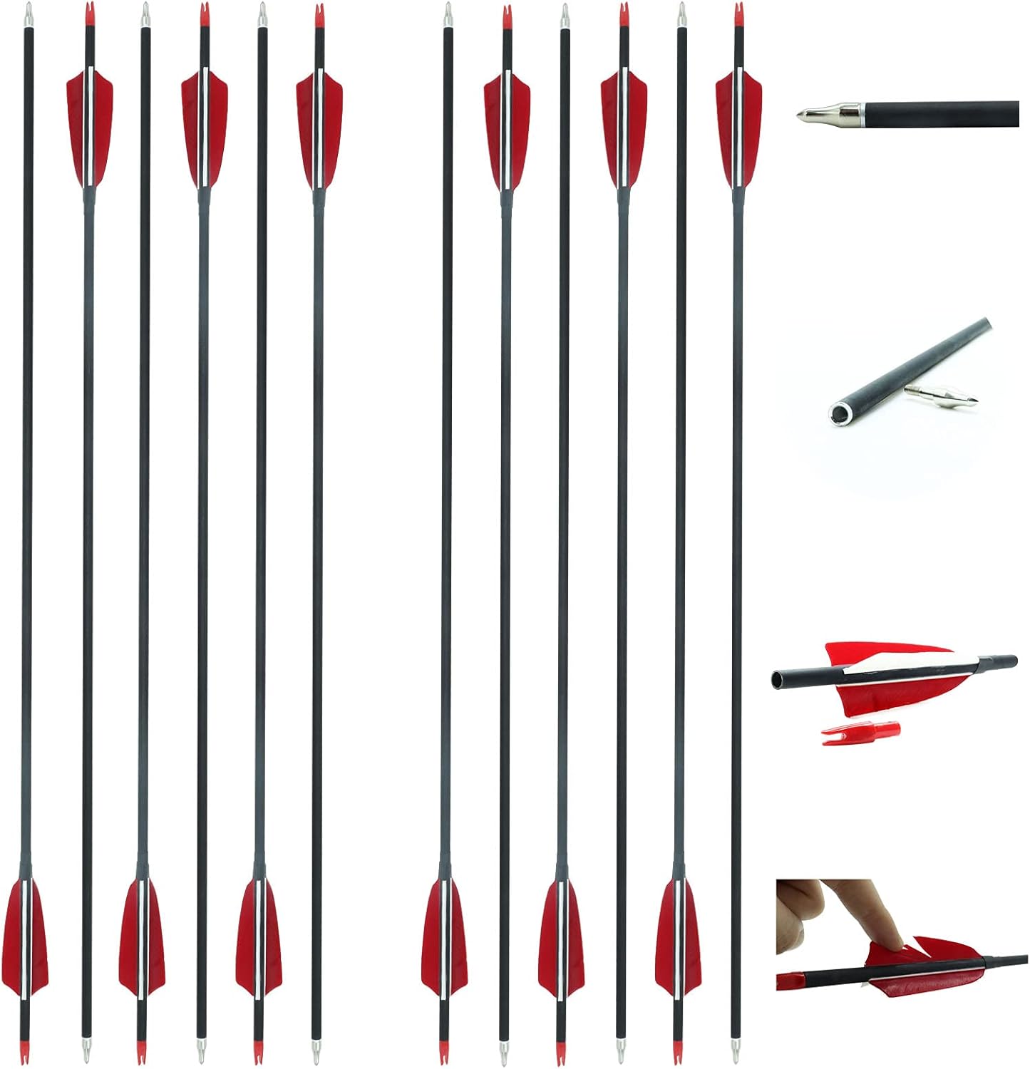 6Pcs/12Pcs Archery 30Inch Carbon Training Hunting Arrows Archery Target Practice Real Feather Nock Tail Removable Nock & Tips Points Carbon Arrow for Recurve Long Bows and Compound Bow