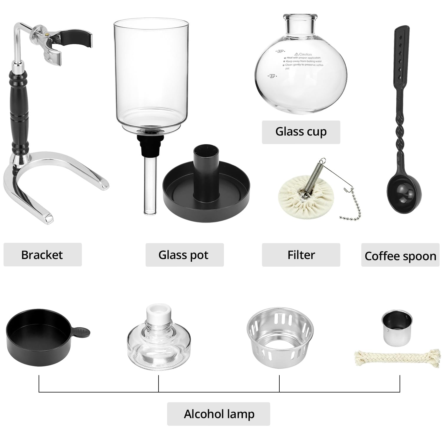 QWORK Cafetera de sifón de 5 tazas (600 ml) – Cafetera de sifón de vidrio de borosilicato con abrazadera de amortiguación ajustable, resistencia a altas temperaturas, sifón de vidrio de mesa para café