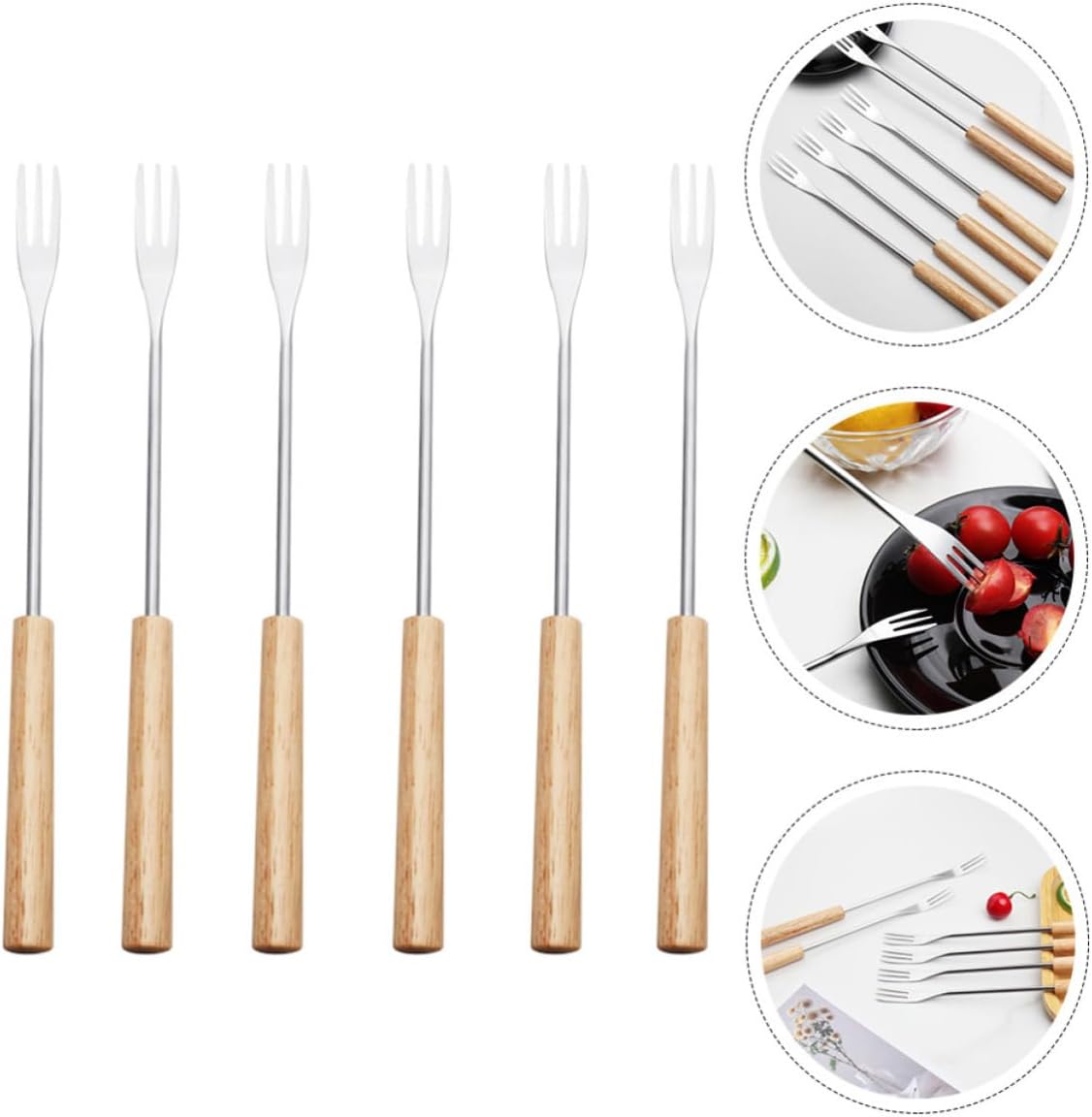 jojofuny 6pcs Wooden Handle Fondue Forks Stainless Steel Household Food Forks for Home Kitchen Use Sturdy with Simple Design and Wide Range of Uses