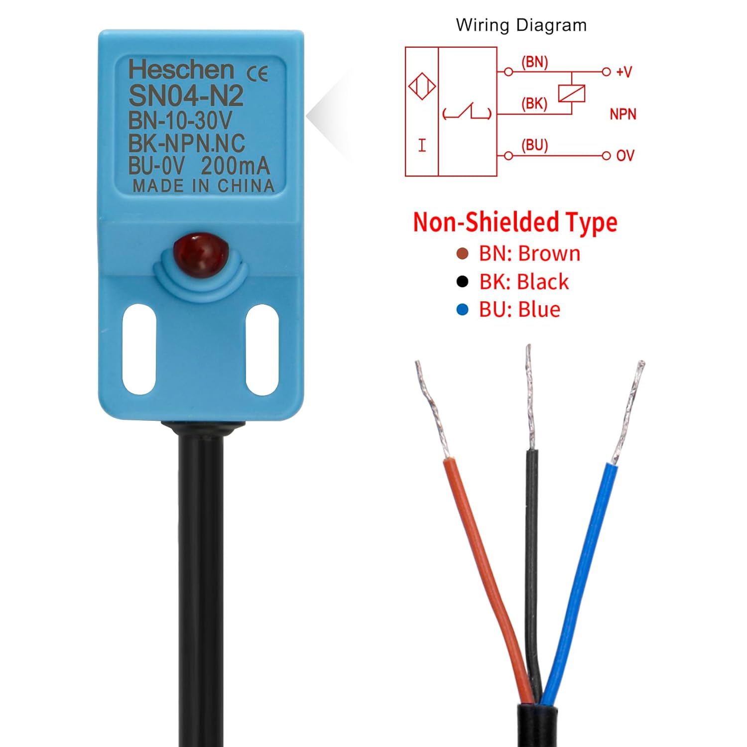 Wiring diagram for Heschen SN04-N2 NPN Normally Closed inductive proximity sensor.