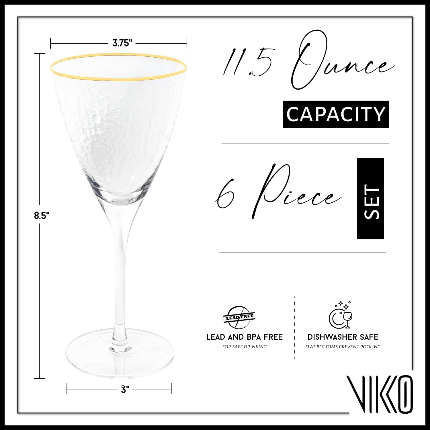 Vikko Wine Glasses, 11.5 Ounce Decorative Wine Glass, Hammered Glass with Gold Rim Red or White Wine Glass, Set of 6 Elegant Sparkling Wine Glasses