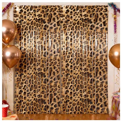 Cheetah Bachelorette Party Supplies 2 Pack Leopard Print Birthday Decoration Foil Fringe Backdrop 3.3 x 6.6ft Jungle Safari Tinsel Curtain for Women Girl Night Photo Booth Props