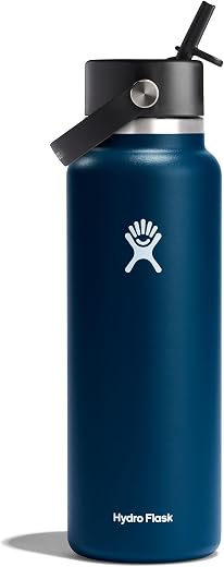 Hydro Flask 40 oz Wide Mouth with Flex Straw Cap Stainless Steel Reusable Water Bottle Indigo - Vacuum Insulated, Dishwash...