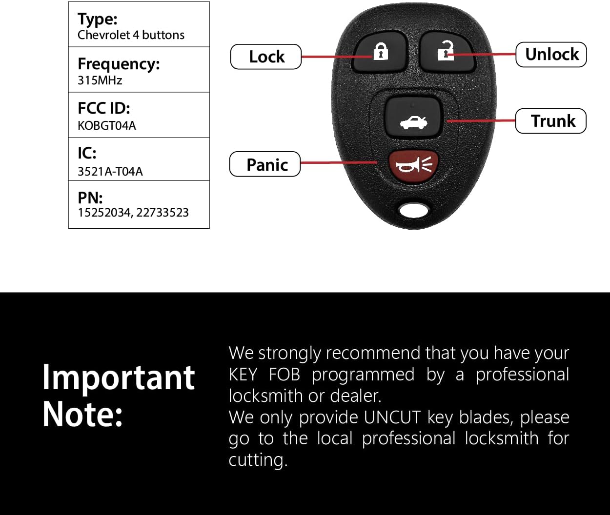 Car Key Fob Remote Keyless Entry Control KOBGT04A 315MHz 4 Button Replacement for 2004-2012 Buick Allure Lacrosse Chevrolet Malibu Cobalt HHR Pontiac G5 G6 Grand Prix Solstice Saturn - 2 Pack