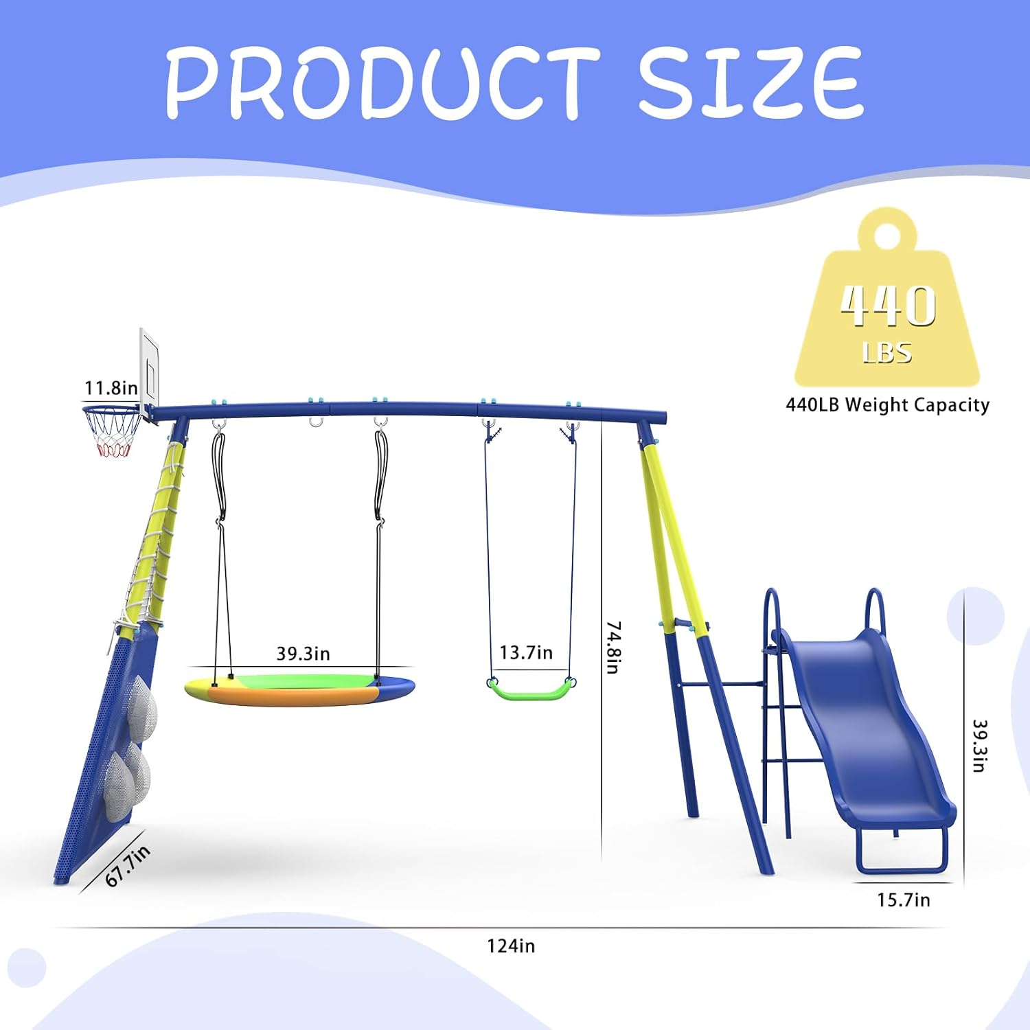 Swing Sets for Backyard with Kids Slide Outdoor Heavy-Duty Metal Playset for Kids 440lbs 5 in 1 Swing Set with Slide, Saucer Swing Seat, Belt Swing, Soccer Goals and Basketball Hoop