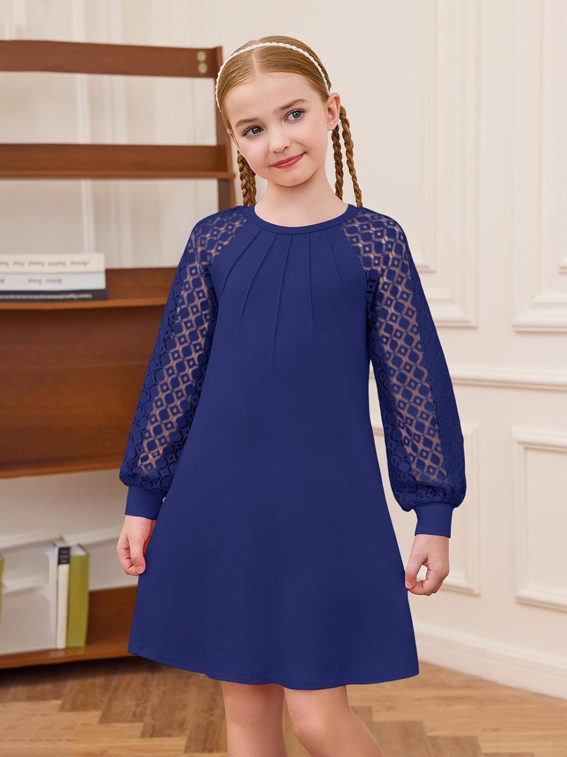 Haloumoning Girls Contrast Lace Long Sleeve Dress Kids Casual Pleated A Line Short Dresses with Pockets 5-14 Years - Image 2