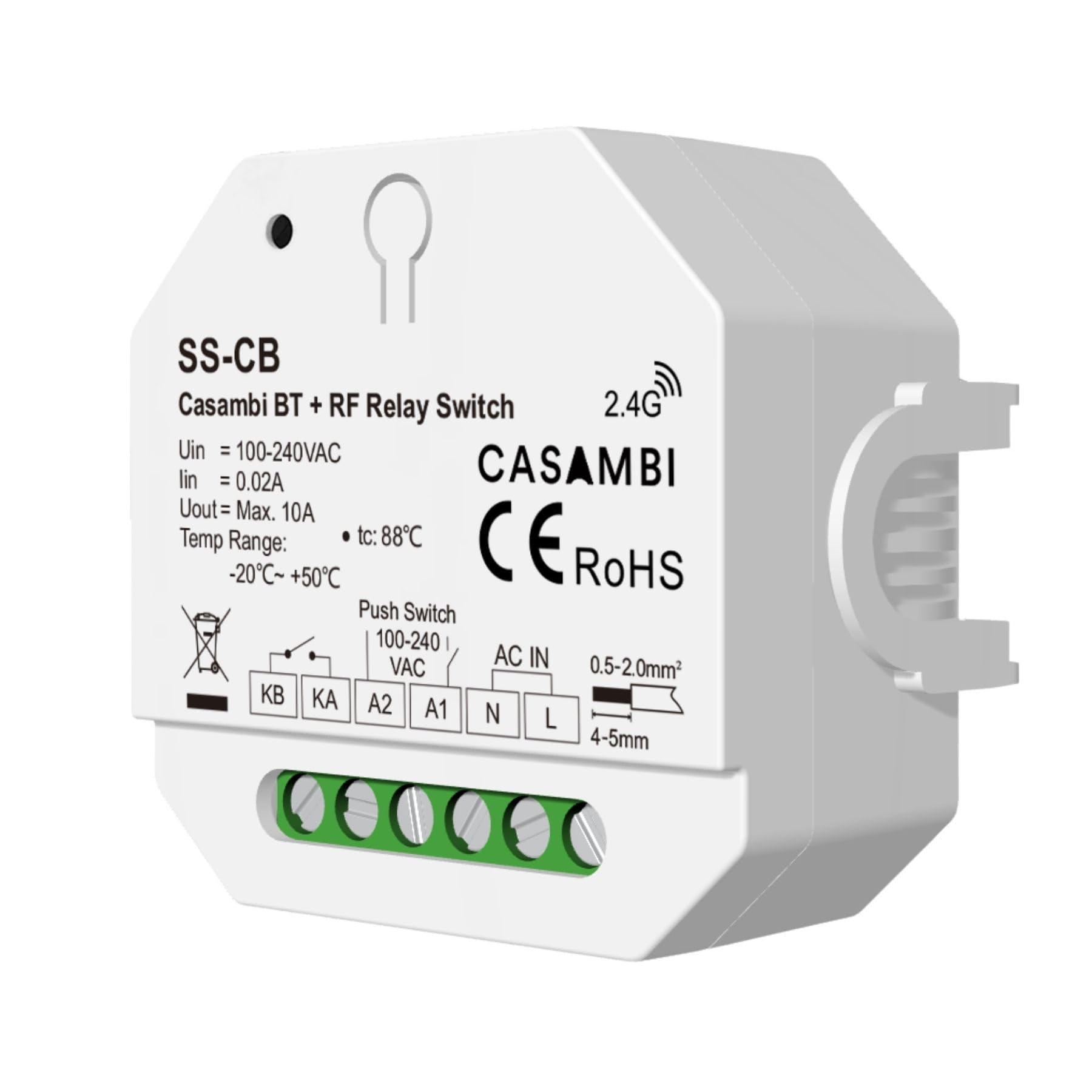 Bluetooth-Schalter, Smart-Relais mit sauberem Kontakt 10 A 220 V, RF 2,4 GHz, externe Taste NO, nur ON/OFF, nicht dimmbar, kompakt 56 x 56 x 37 mm aus Unterputzdose
