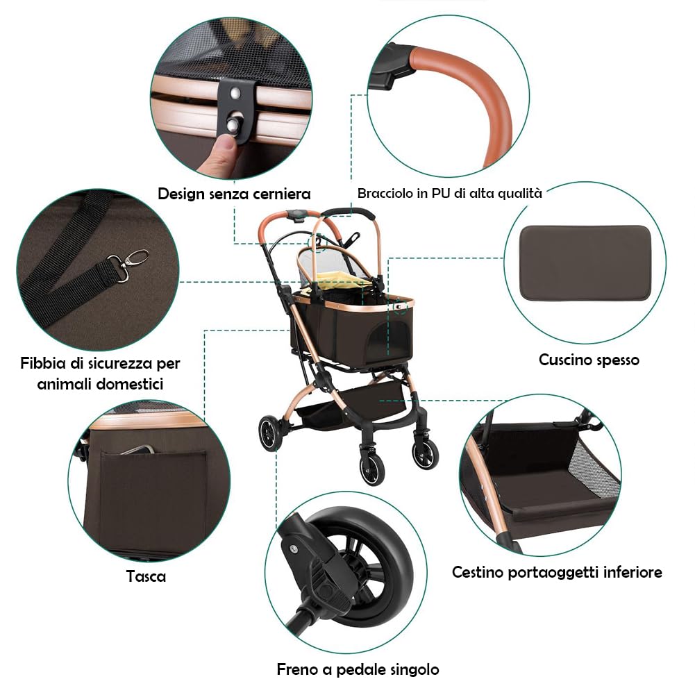 BAKAJI Passeggino per Cani e Gatti 2in1 con Navicella Rimovibile e Chiusura Salvaspazio, Carrozzina Animali Domestici con Capsula Trasportino Rimovibile e Tettuccio Apribile, Peso Max. 50kg (Marrone)