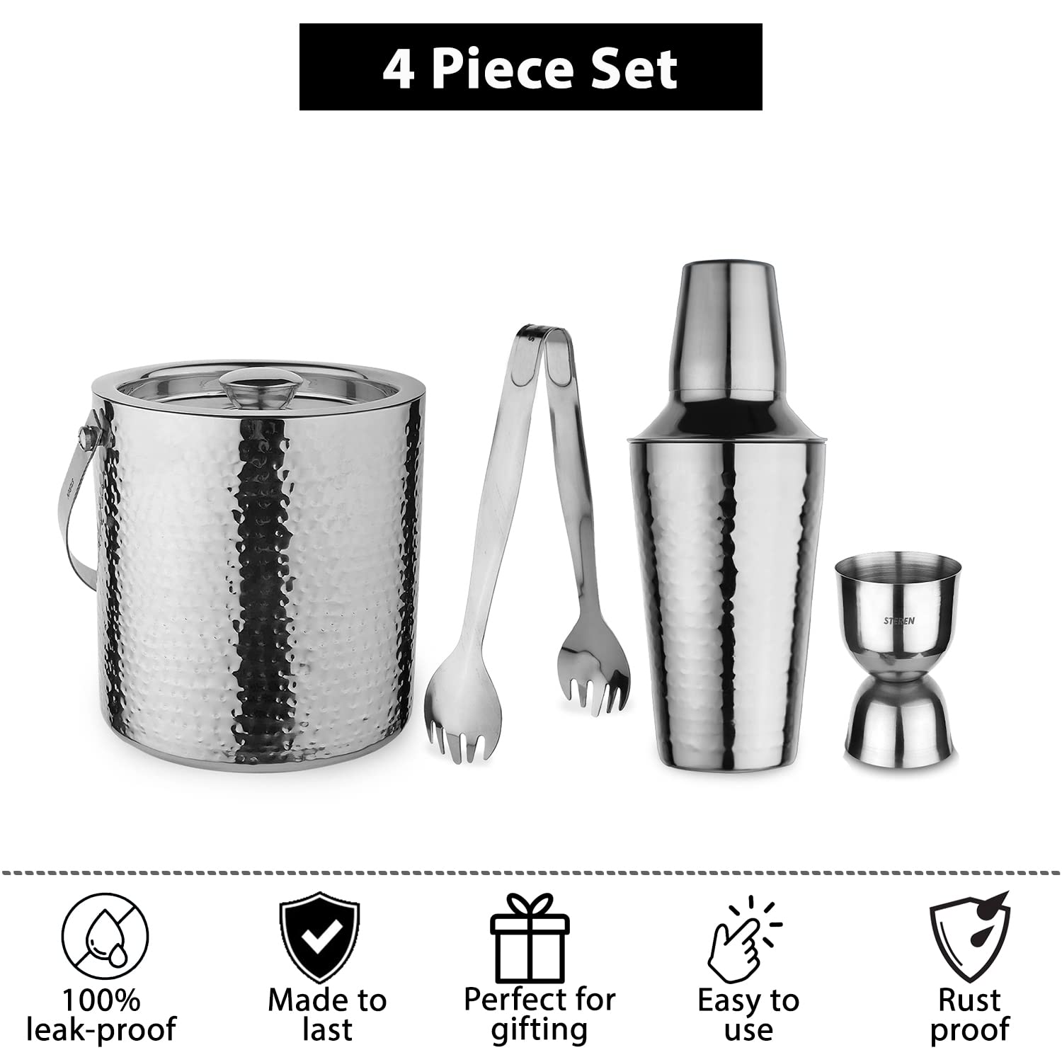 Steren Impex | Stainless Steel 4 Piece Full Hammered Bar Set for Drink/Gift, Double Wall - Ice Bucket with Tong, Peg Measurer & Cocktail Shaker 3