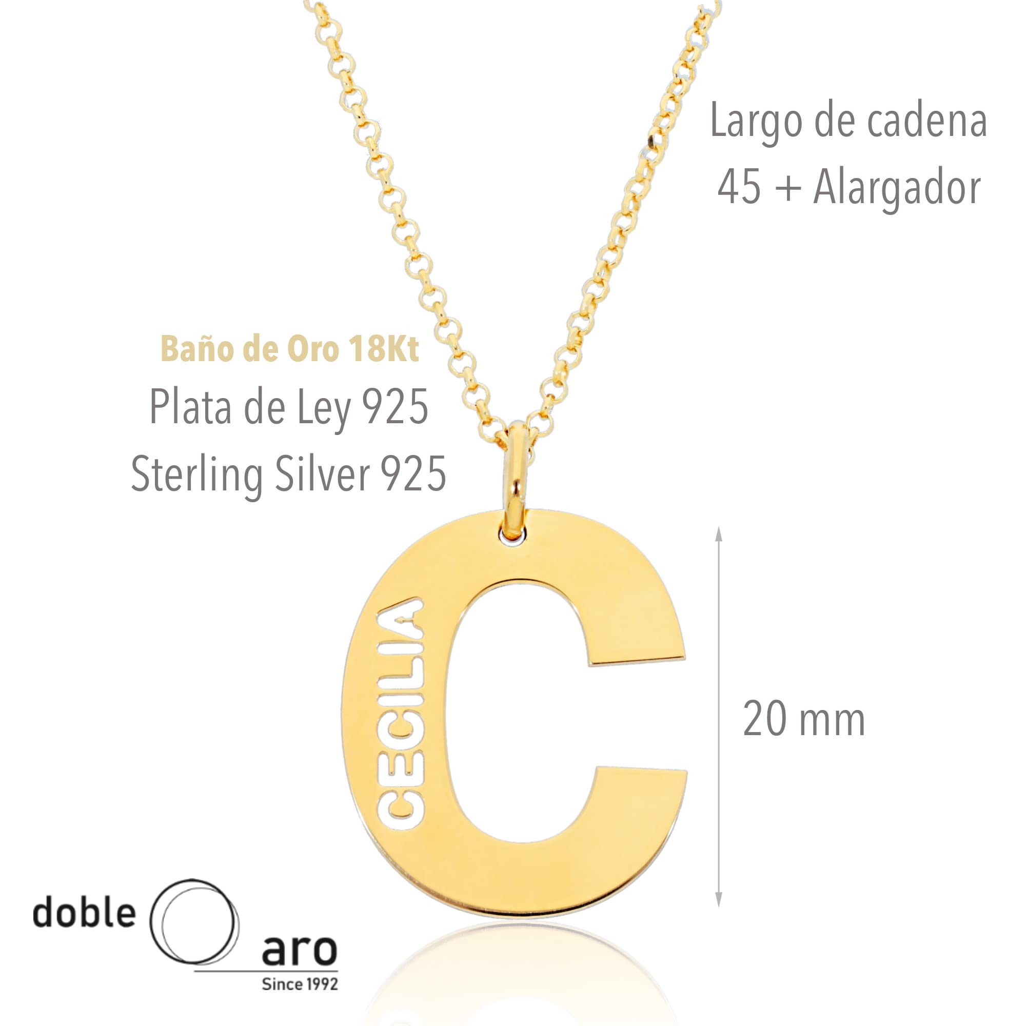 Colgante Inicial con Nombre Personalizado - Plata de Ley 925/1000 con Baño en Oro 18Kt para Mujer o Niña con Cadena Forzada en 45cm + Alargador - Collar con Letra