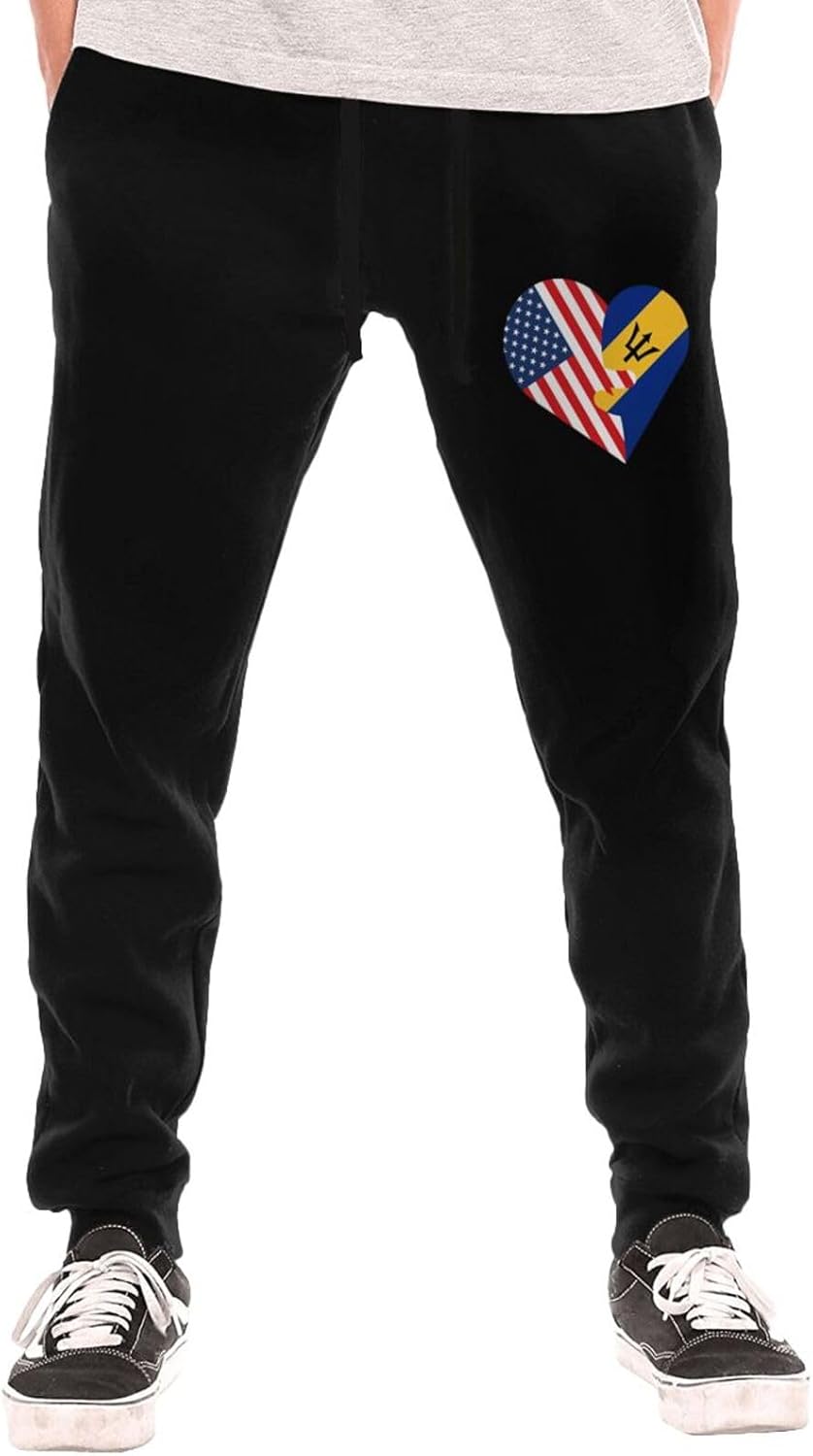 Hearts American USA and Barbados Flag Men's Long Pants Athletic Running Pants Sports Pants