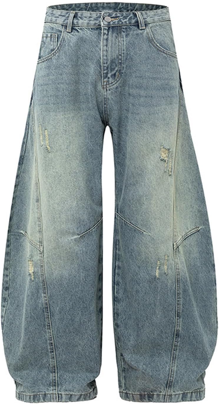 Bakyarder Unisex Baggy Wide Leg Jeans Vintage Distressed Patchwork Balloon Denim Pants Streetwear Retro Loose Fit Trousers