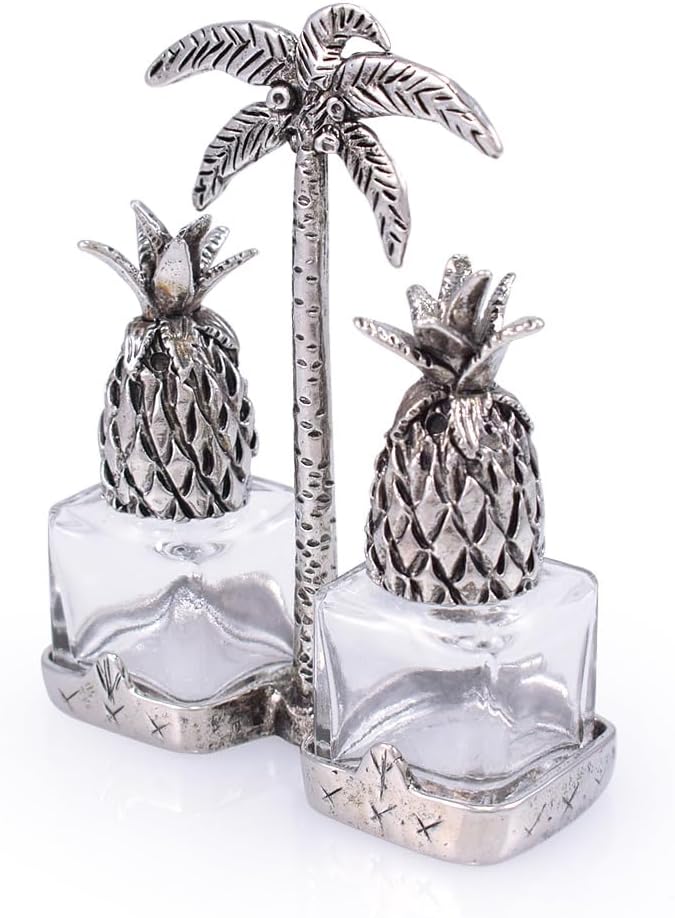 Pineapple Pewter and Glass Salt Pepper Shaker Set with Palm Tree Holder, Made in the USA