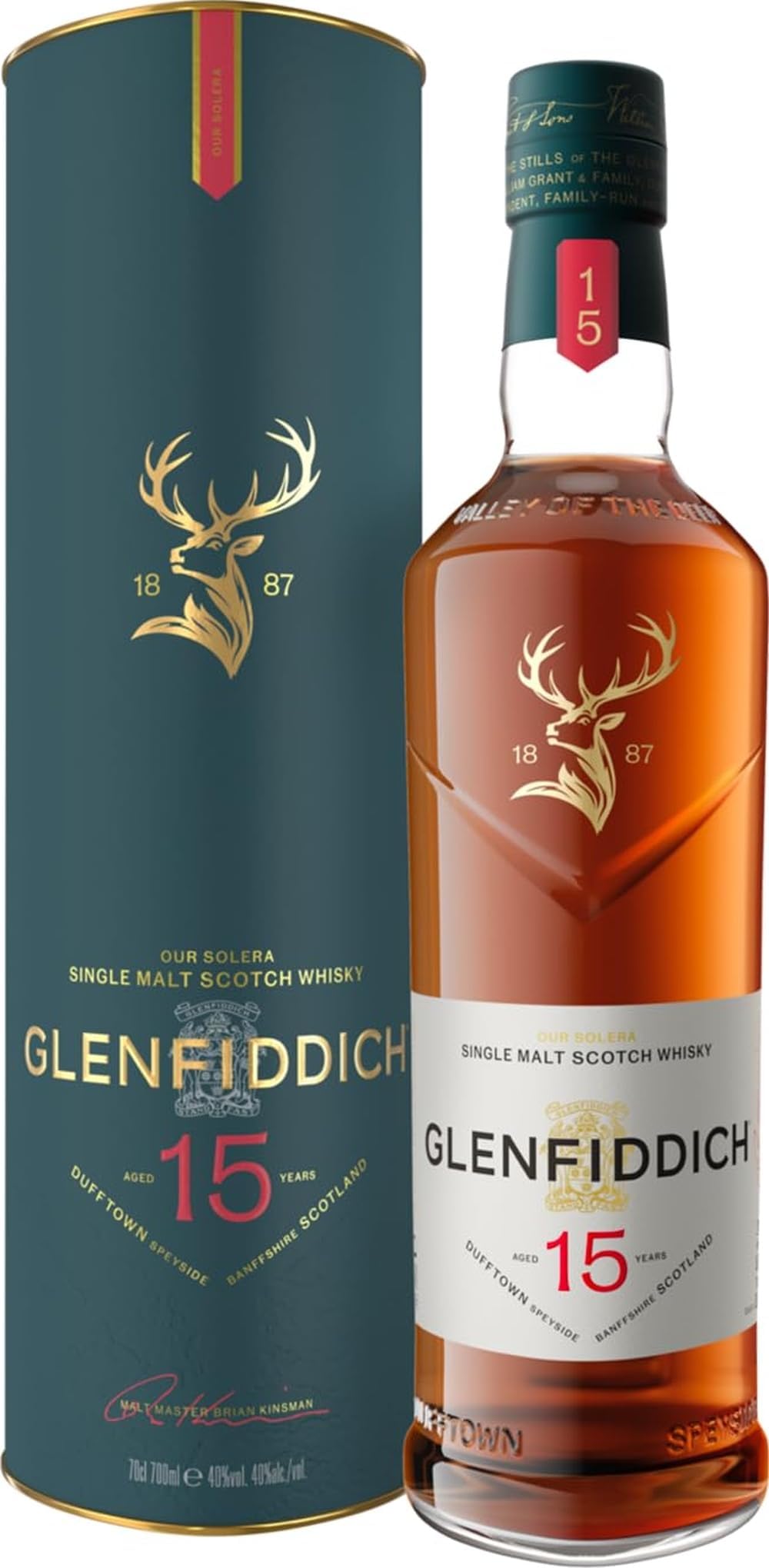 GLENFIDDICH 15 Year Old Single Malt Scotch Whisky - Rich Complex - Warm Spice, Honey Rich Fruit - Bourbon, Oak & Sherry Casks - Harmonised In Our Solera Vat - 40% ABV - 70 cl (Packing may vary)