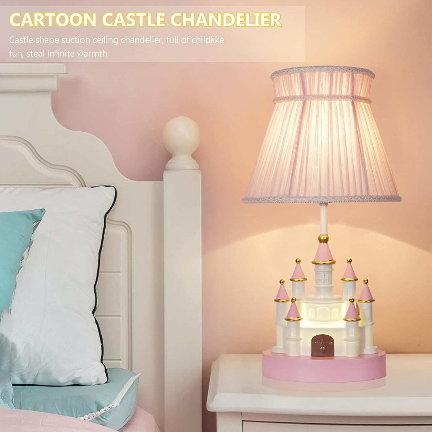 Cartoon Kids Castle Shape Resin & Fabric Shade Table Lamp - Pink, Modern, Cute for Girl's Room, Bedroom, Nursery & Living Room