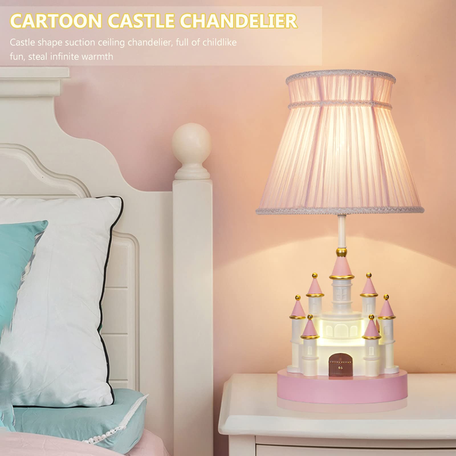 Lampada da tavolo per bambini Cartoon Lampada da comodino castello rosa Lampada da comodino moderna a forma di castello a forma di castello con paralume in tessuto Lampada da comodino per la camera de