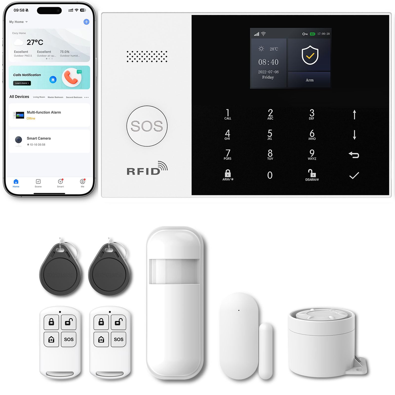 PGST GSM (2G) Smart Alarm System Kit for Home, Siren 110 dB, Motion Sensor and Opening Doors/Windows, Alarm without Fees, 2.4 GHz, Remote Control via App