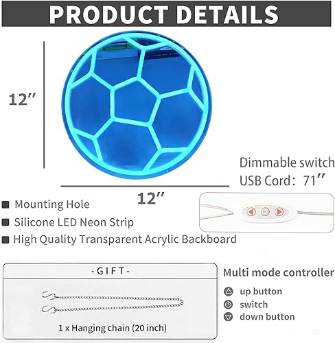 Miniatura 22 de Letreros de neón azules con forma de fútbol, luces de neón para decoración de pared, letrero de luz LED para dormitorio, niños, sala