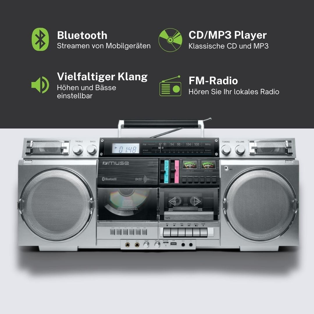Muse M-380GBS Boombox Cassettes rétro Lecteur CD AUX Bluetooth Compatible Smartphone Enregistreur Cassette Design Vintage