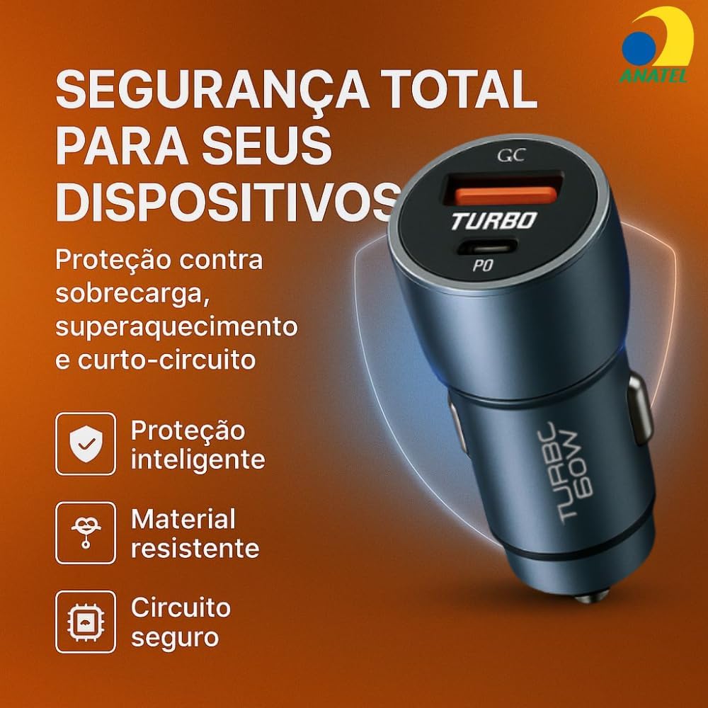 Carregador Veicular Turbo 60W Duas Portas Para Automóvel Carregador de Carro Duas Entradas com Carregamento Super Rápido + Cabo USB-C Premium Carregador Veicular Turbo 60W Duas Portas Para Automóvel Carregador de Carro Duas Entradas com Carregamento Super Rápido + Cabo USB-C Premium