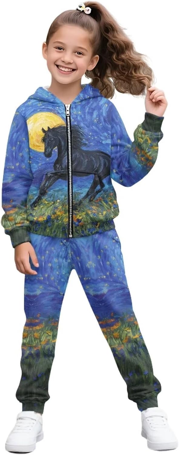 Xpyiqun Tracksuits for Girls 2 Piece Outfits Size 6-15Y Long Sleeve Hoodies and Sweatpants Kids Zip Up Sweatshirt
