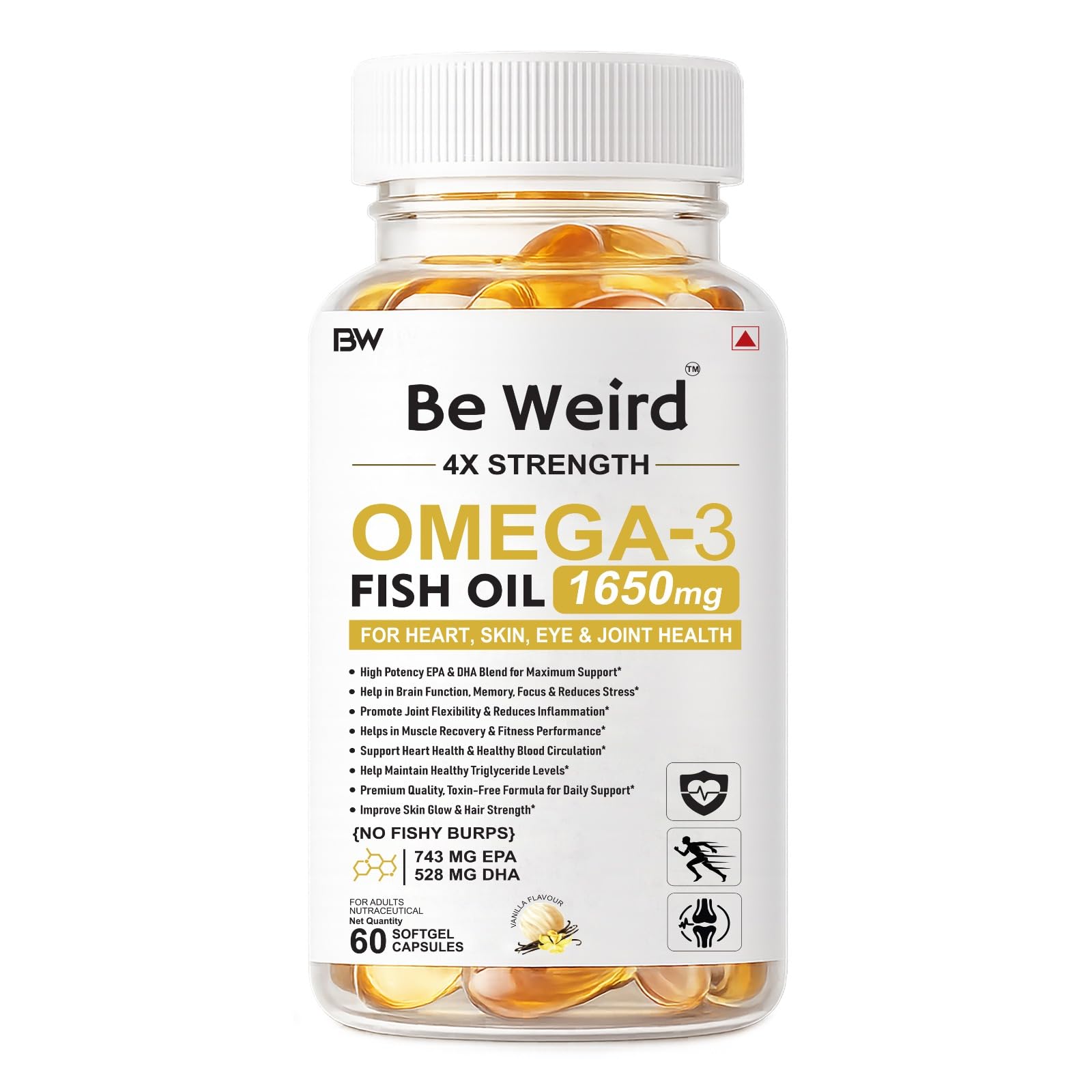 Be Weird Omega 3 Fish Oil (60 Softgels) | 1650 Mg with 743 EPA & 528 DHA | Single Softgel for 4X Strength for Men & Women | No Fishy Burps | Supports Heart, Brain, Joints, Eye Health-image-28