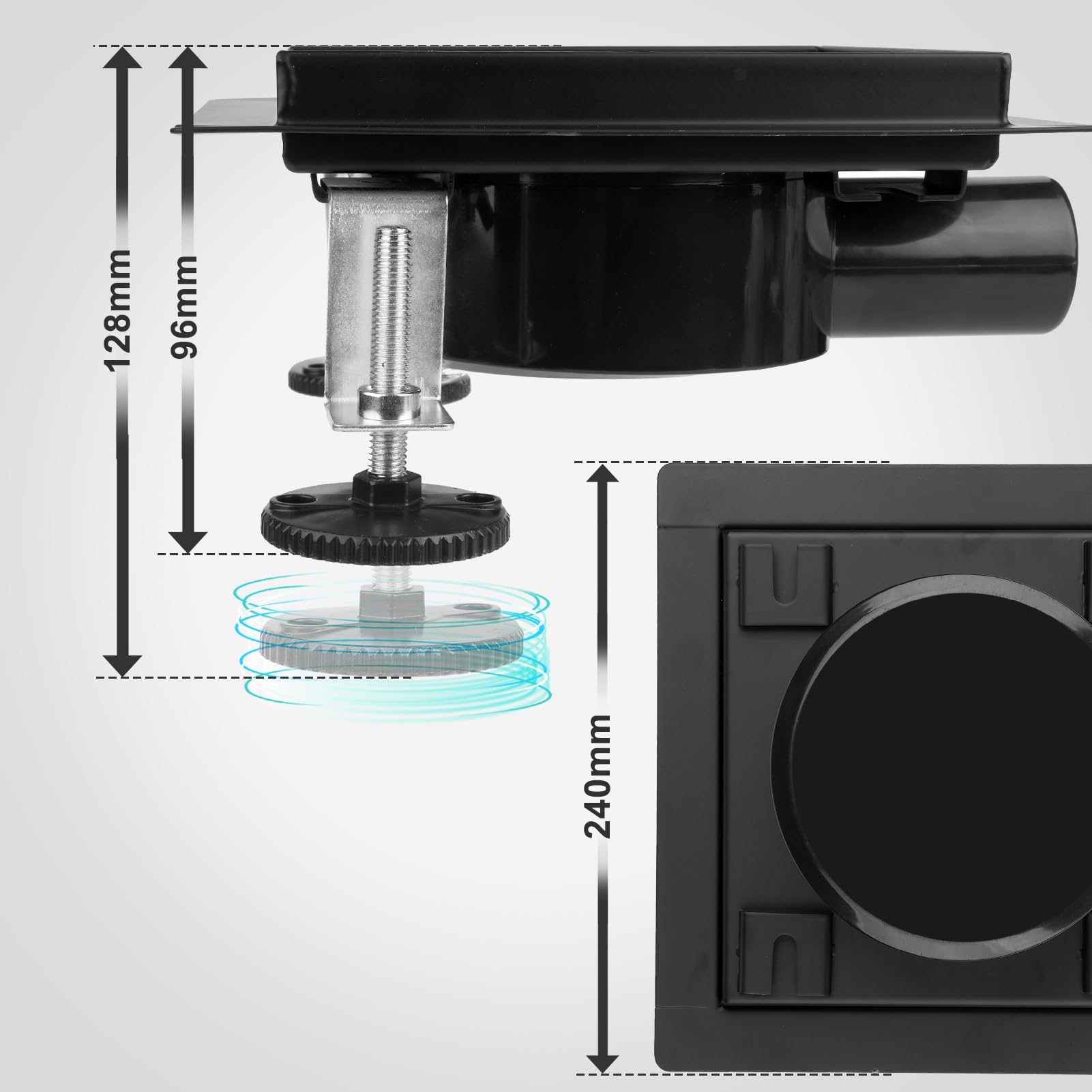 Canaleta de Ducha Cuadrada 20x20cm Desagüe de Ducha Sifón 360° | Negra,304 Inox, Kit Completo, Filtro Antiolores y para Cabello,Insertable en Azulejos, Drenaje Rápido, Fácil de Limpiar