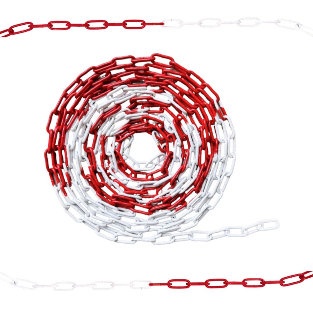 Catena in acciaio/catena di intercettazione Ø 5 mm, lunghezza: 10 m, rosso/bianco, acciaio zincato, con collegamento di emergenza e moschettone, ideale per cantieri, parcheggi, eventi, eventi