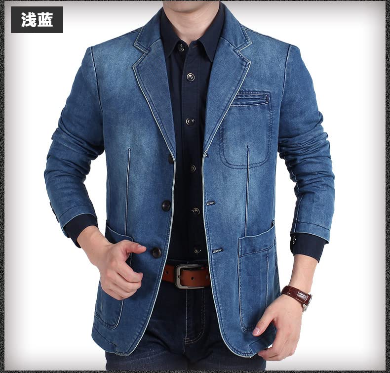 Blazer pour Hommes Coupe Régulière Veste en Jean Vieilli Col Cranté Classique Veste De Costume en Jean À Deux Boutons Manteau De Sport Décontracté Smoking avec Poche