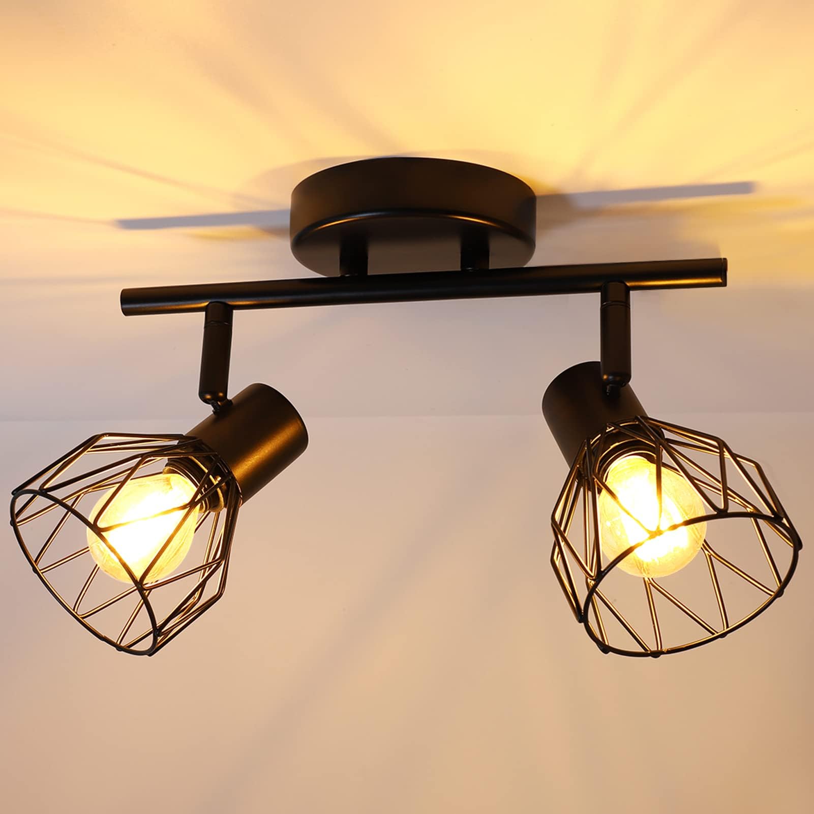 Industrial Ceiling Light Spotlights and Rails Black 2 Adjustable LED Spotlights with E14 Socket, 40 W Ceiling Spotlights, Wall Spotlight Ramp, 2 Spotlights for Kitchen, Bedroom, Living Room