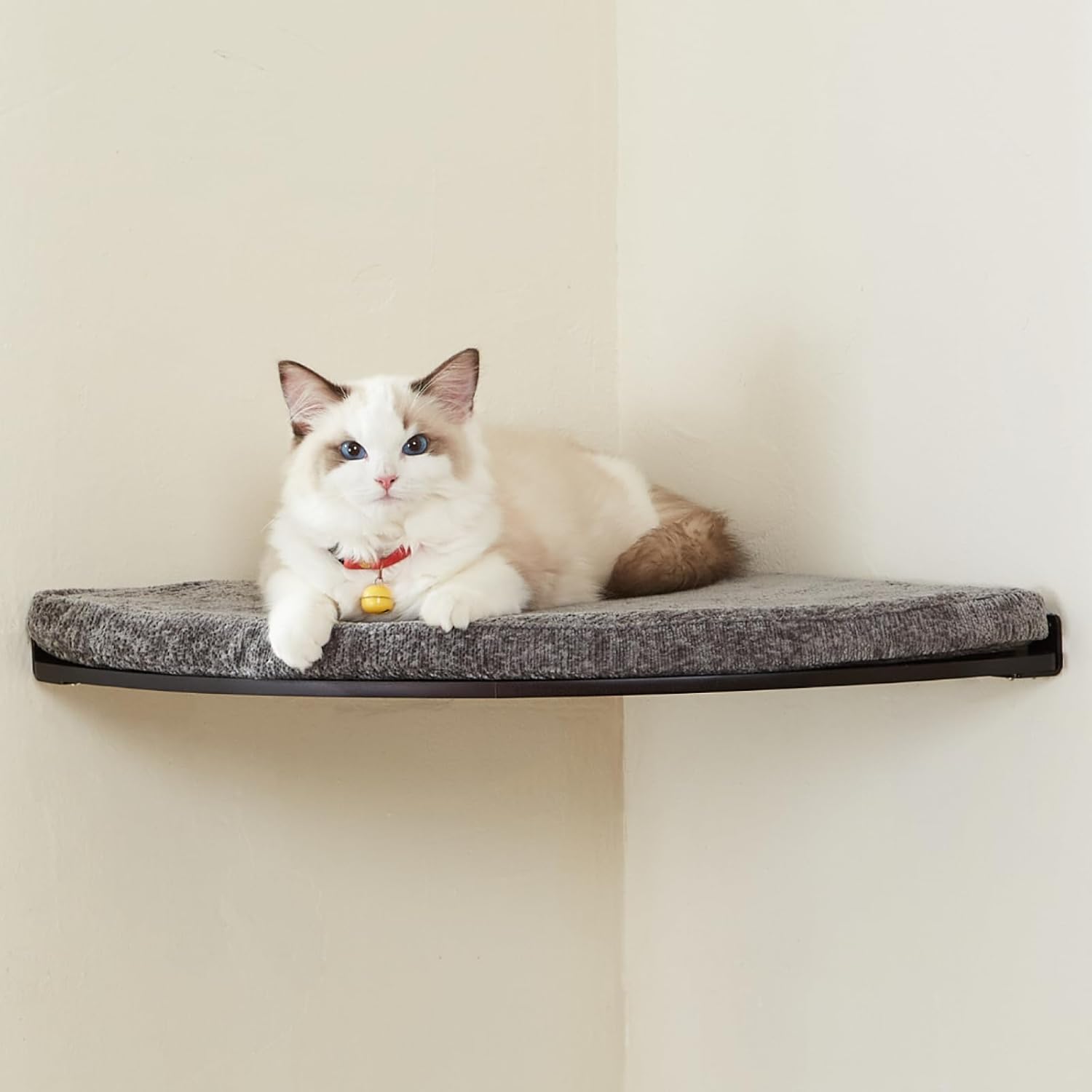 Wall Mounted Corner Cat Bed - Cat Shelf with Comfortable Cushion - Minimalistic Cats Furniture for Indoor Cats - Climbing Perch for Wall, Walnut