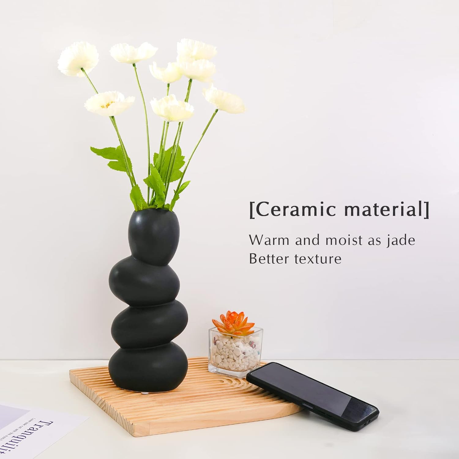 Notakia Ceramic Flower Vase for Home Decor - Handcrafted Cobblestone Shape Vase Centerpiece for Wedding, Decor，Home Decor Living Room, Home, Office, Centerpiece,Table (Black Vase) - Image 4