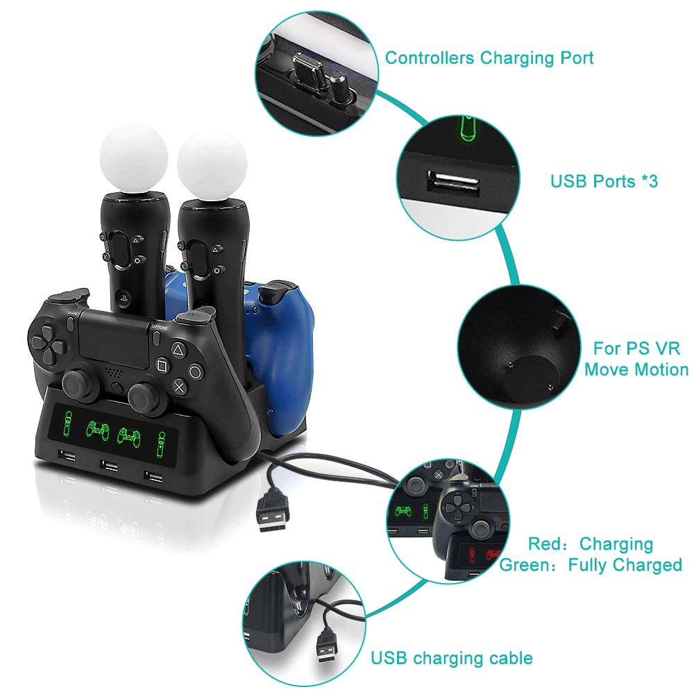 PS4 Controller Ladestation Mit LED Anzeige und 3 Front USB Ports - 4 in 1 für PS4/Pro/PS4 Slim/VR Move Motion Controller