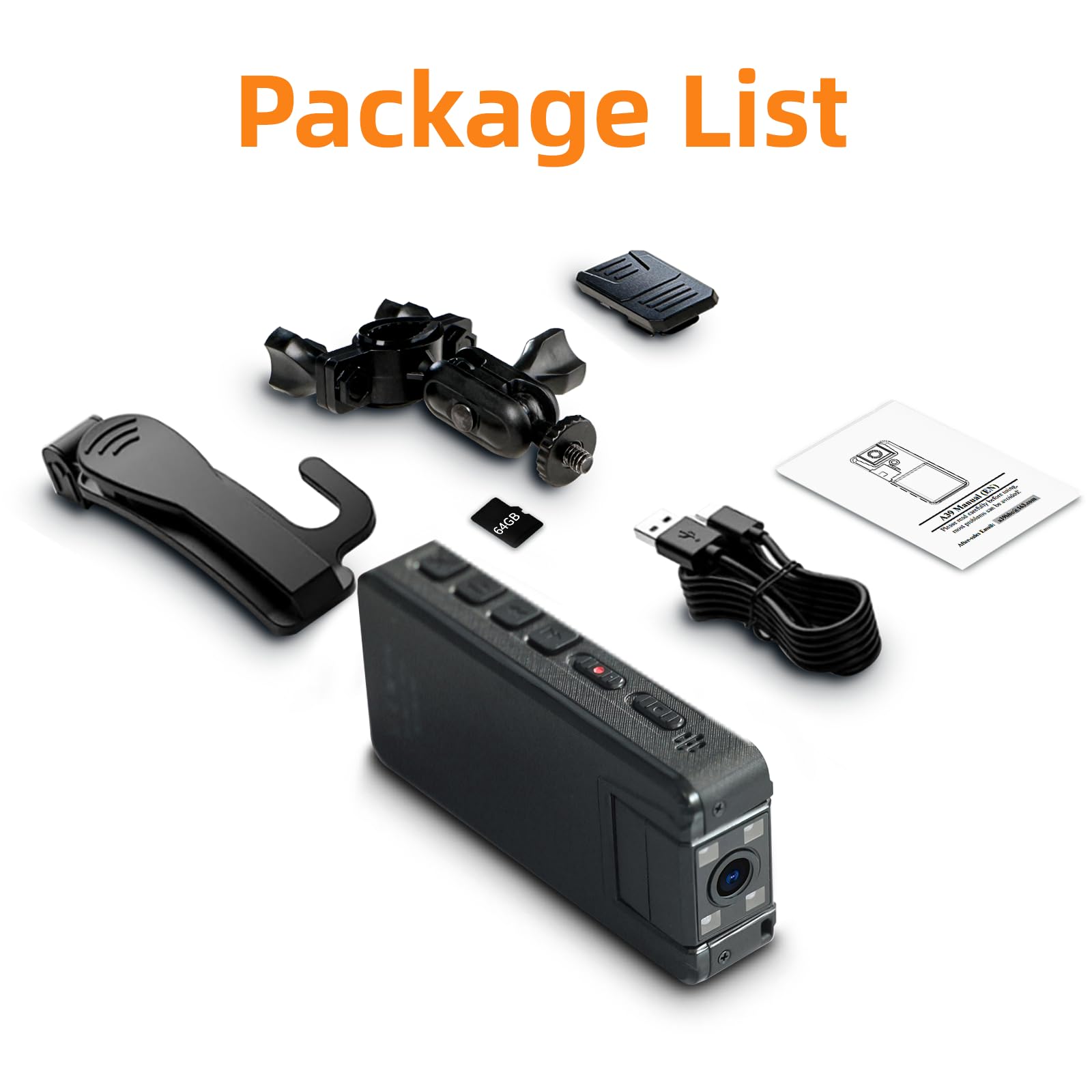 64GB Cámara Corporal con Audio, 1296P Policía Body CAM (2500mAh) con 180° Lente Giratoria y 3 Clips Resistentes, Cámara Corporal para Entrega Ciclismo Interior