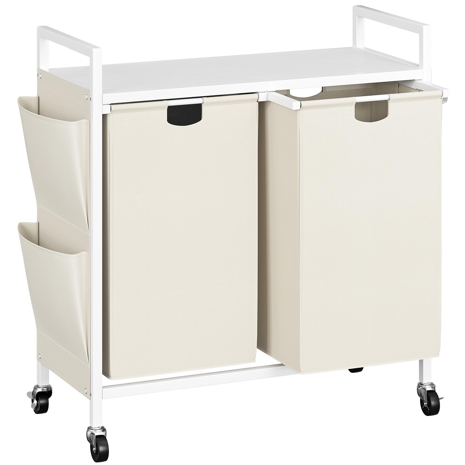 WOWLIVE Double Laundry Hamper with Wheels, Rolling Laundry Basket Organizer | Laundry Hamper 2 section with Lid, Iron-Made Laundry Sorter with Shelf, Removable Bags, Large Clothes Storage, White White 110l (30.0 x 13 x 32 Inches)
