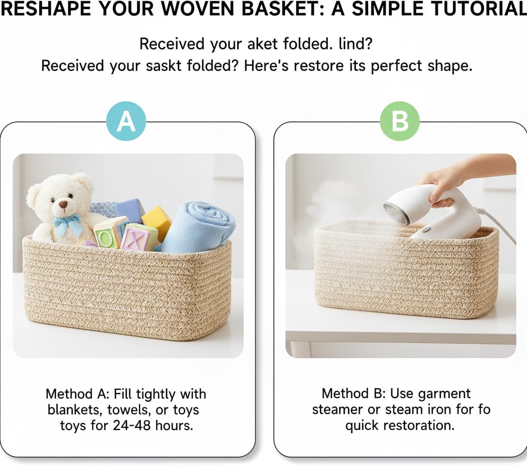 Non-metal Fabric Storage Bin Organizer, Cute Small Woven Cotton-Rope Basket 12×8×5 Inches, Decorative Cube Bin with Handles for Shelves, Cat/Dog Toys,Pack of 3, Mixed Brown