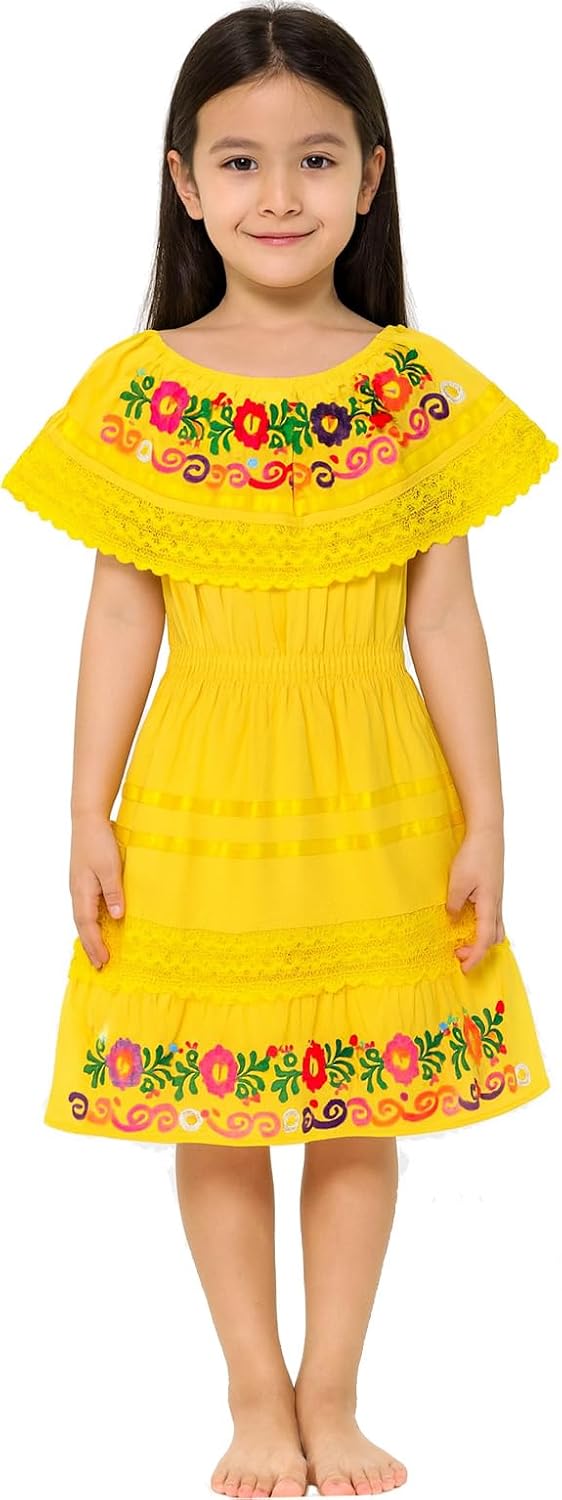 YZXDORWJ Mexican Embroidered Cinco de Mayo Dress for Girls - Kids Fiesta Floral Vestidos Girl's Traditional Dress