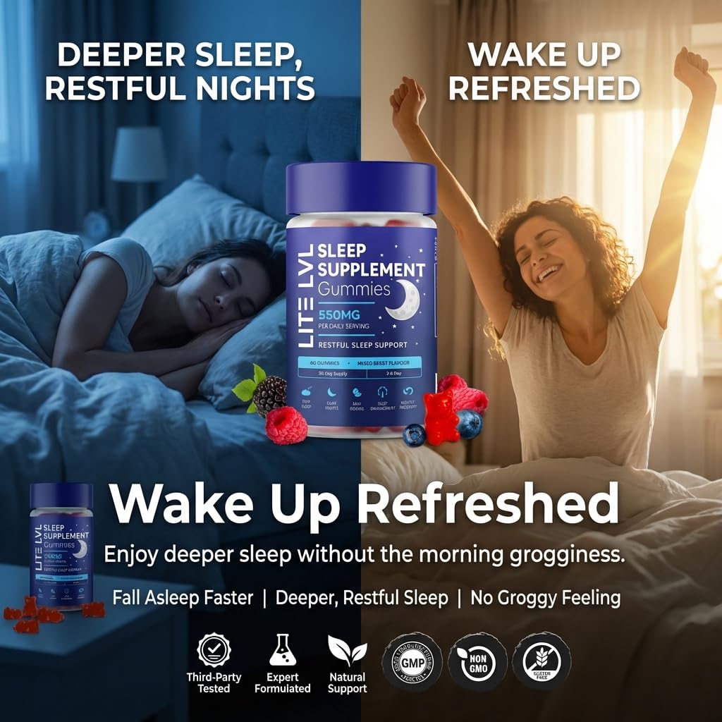 LITE LVL - 60 x Sleep Supplement Gummies for Adults - Berry Bliss Flavoured Sleeping Gummies - Sleep Vitamins