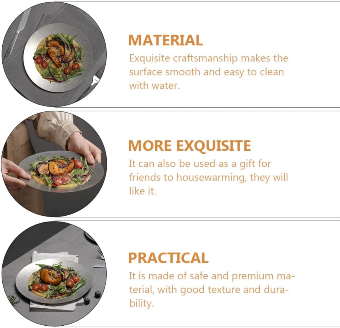 Uonlytech Stainless Steel Dinner Plate with Simple Design for Outdoor Camping and Restaurant Use Easy to Clean Space-saving Western Food Serving Plate Sturdy Silver