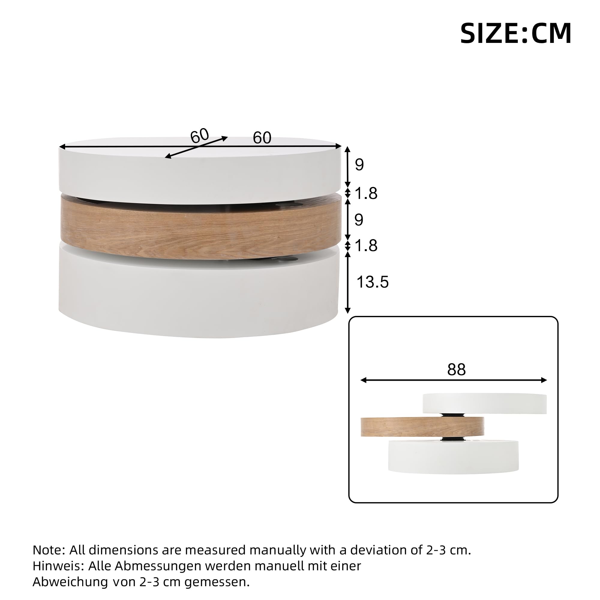 SUKY Mesa de centro cilíndrica, mesa superior giratoria 360°, mesa de salón, mesa de sofá de tres niveles, 3 estantes, capacidad de carga 30 kg, madera de sauce con espacio de almacenamiento, color