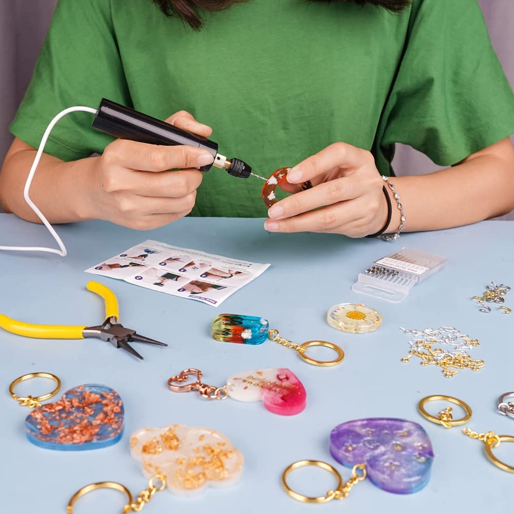 Juegos de Taladros EléCtricos de Resina de 74 Piezas, Abrazadera de 3 Mordazas, Aplicable un Rango de PerforacióN MáS (0-3 Mm), Kit para Hacer Llaveros