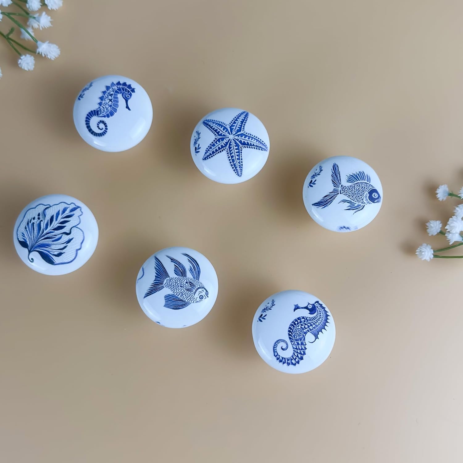 6PCS1.49Inch Coastal Beach Cabinet Themed Nautical Kids Ceramic Drawer Knobs and Handles Pulls Nursery Dresser Knobs